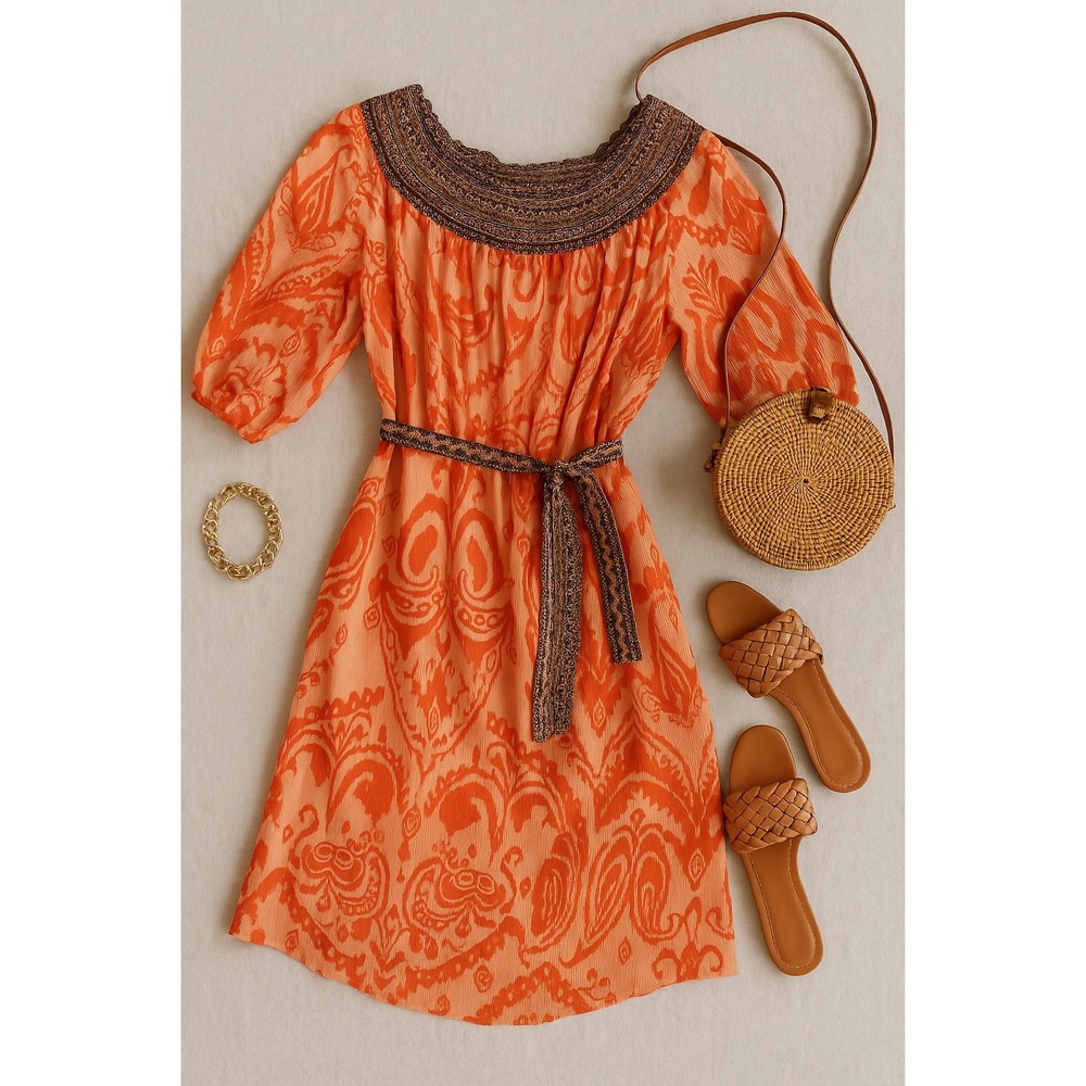 New York & Co Paisley Dress Orange Brown Belted 3/4‎ Sleeve L